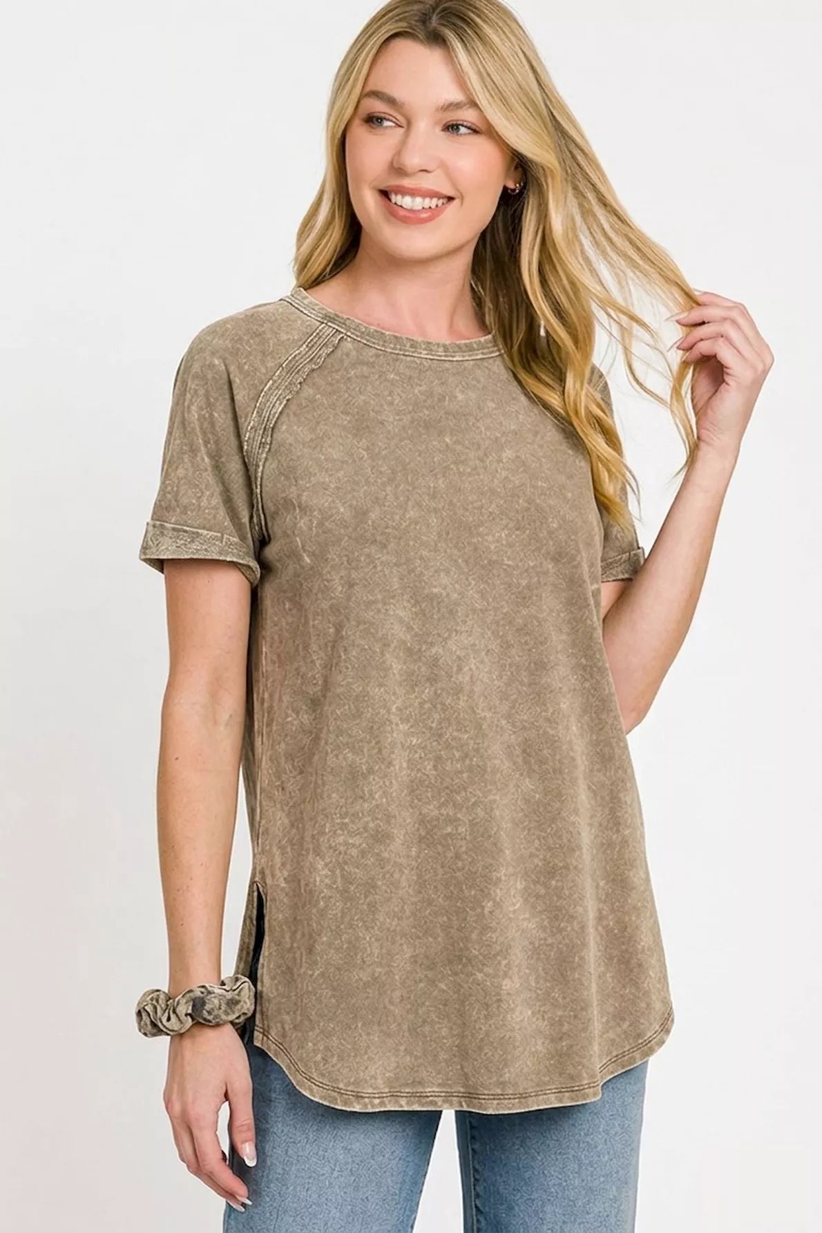 Zenana Mocha French Terry Washed Curved Hem Top
