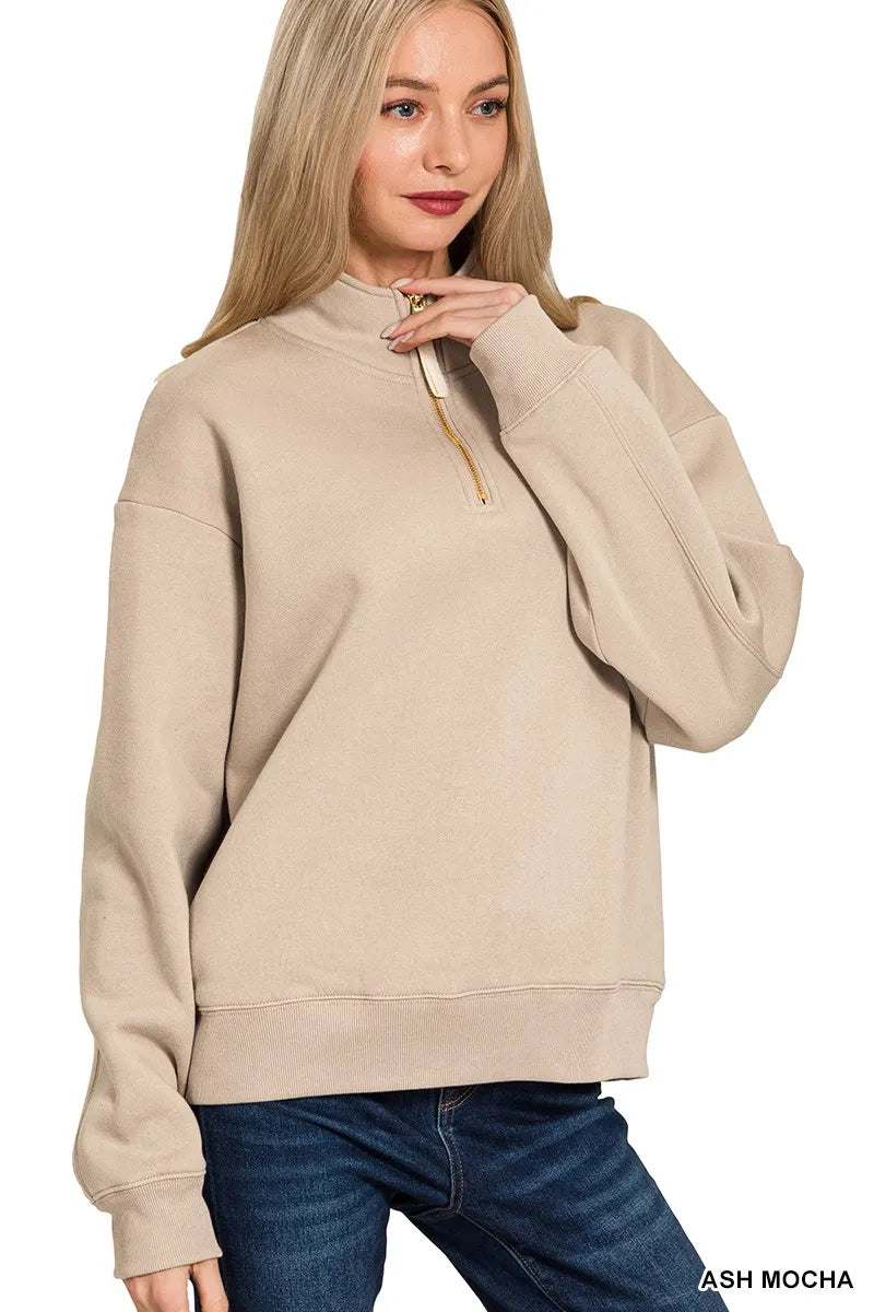 Zenana Ash Mocha Fleece Half Zip Sweatshirt