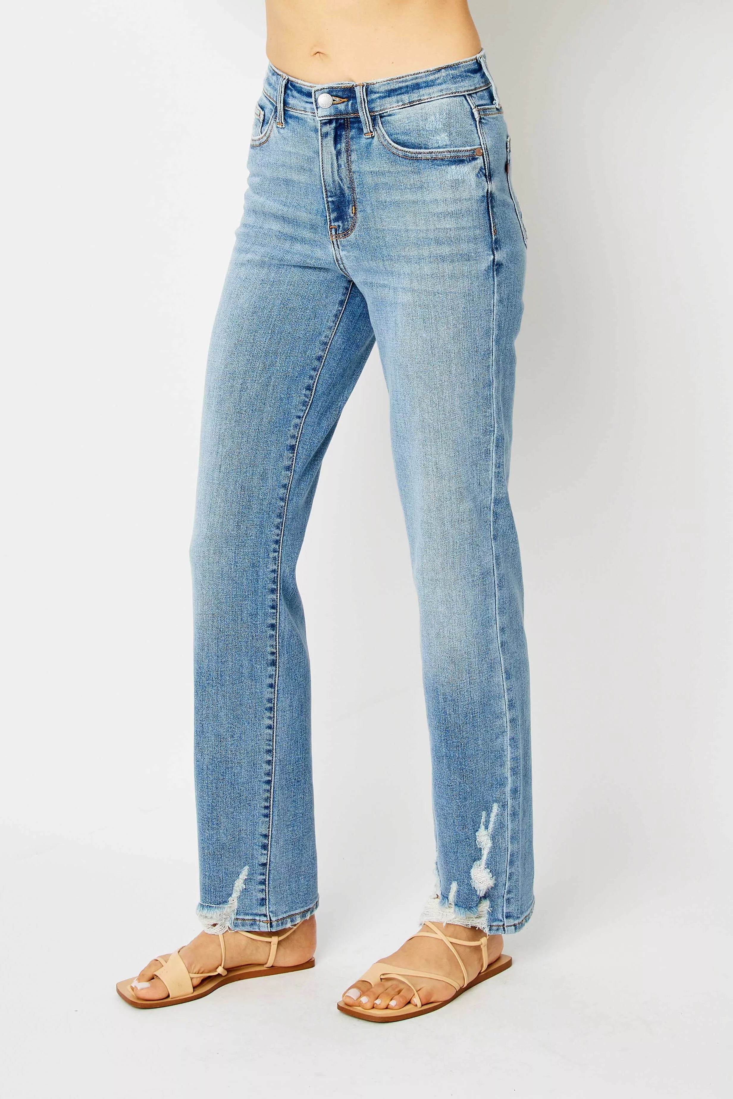 Judy Blue Medium Washed High Waist Straight Jeans with Heavy Destroy Hem