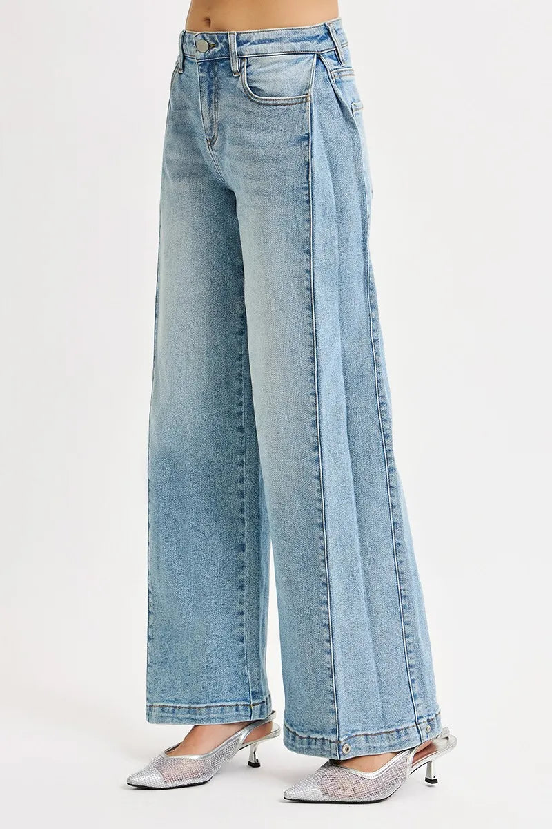 RISEN Medium Washed Mid Rise Wide Barrel Transferable Leg Snap Jeans