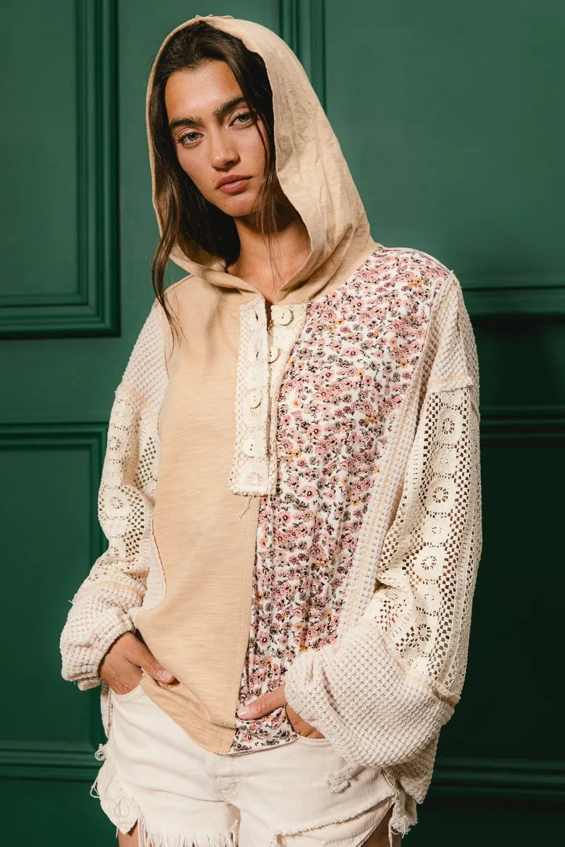 BiBi Taupe Slub Jersey with Lace Combo Buttoned Hoodie Top