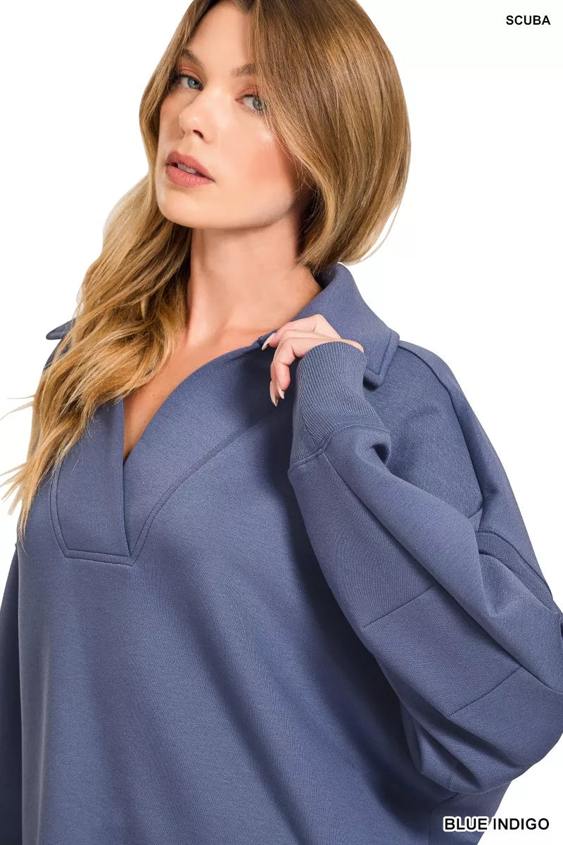 Zenana Blue Indigo Scuba Collared Pullover and Pants Set