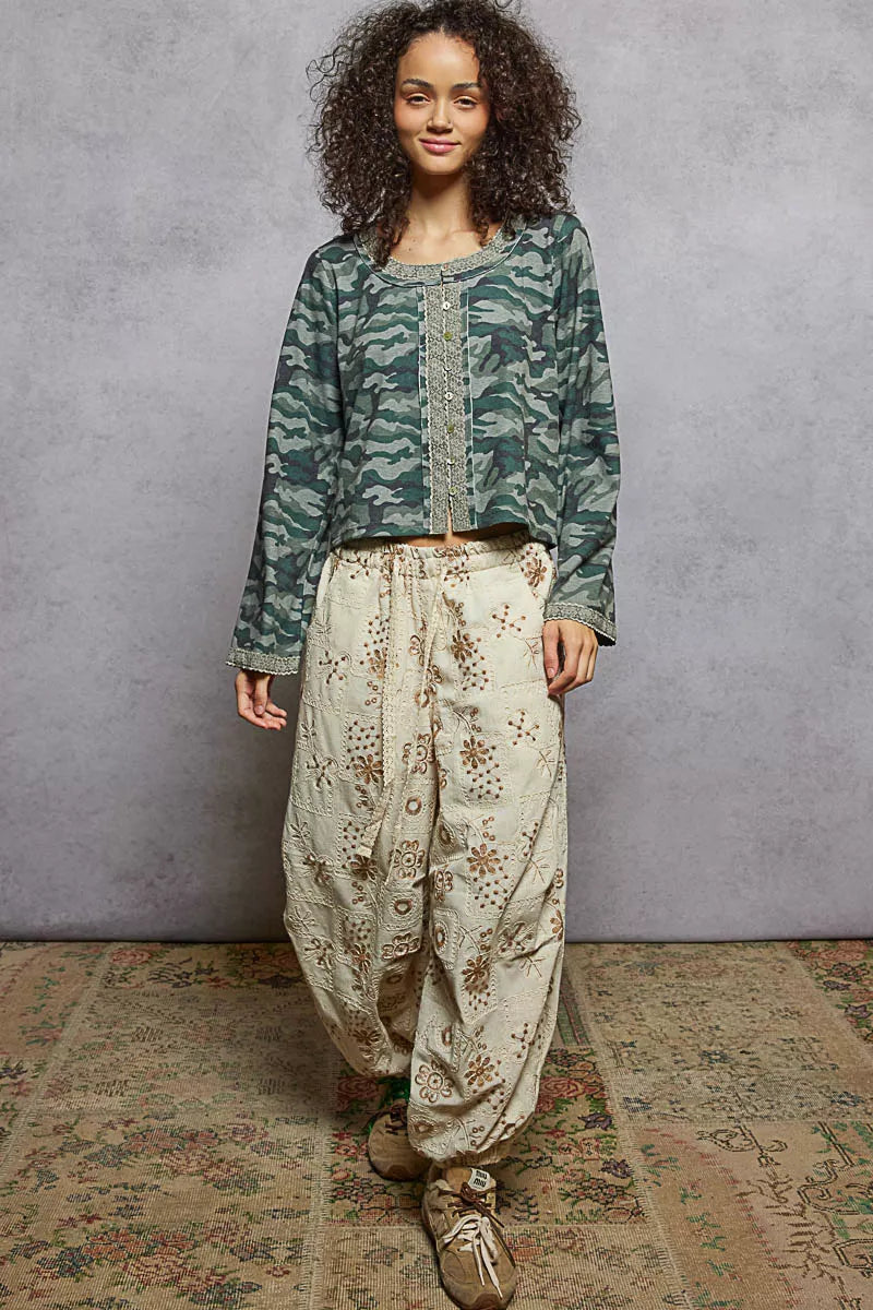 POL Olive & Camouflage Print Long Sleeve Top