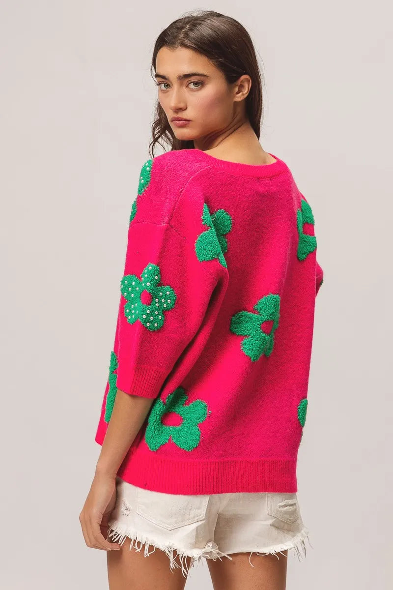 BiBi Fuchsia & Jade Pearl Beads Flowers Sweater Top