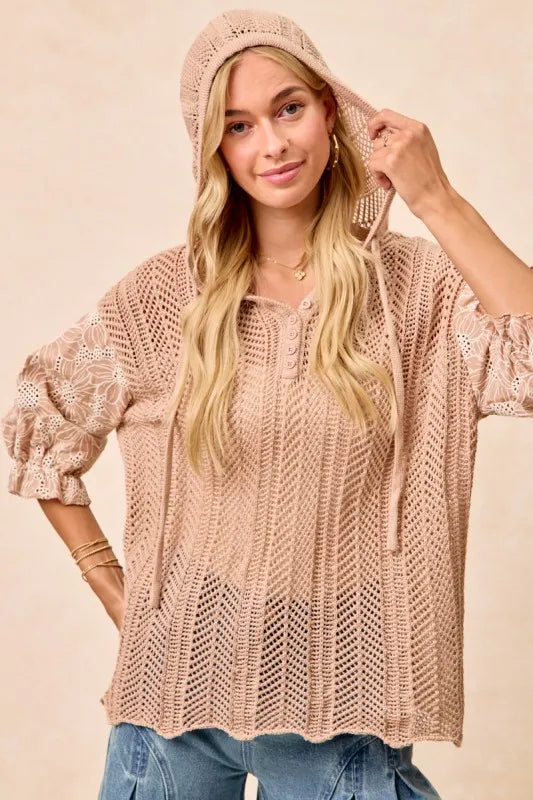 BiBi Taupe Jacquard Flower Puff Sleeve Hooded Knit Top