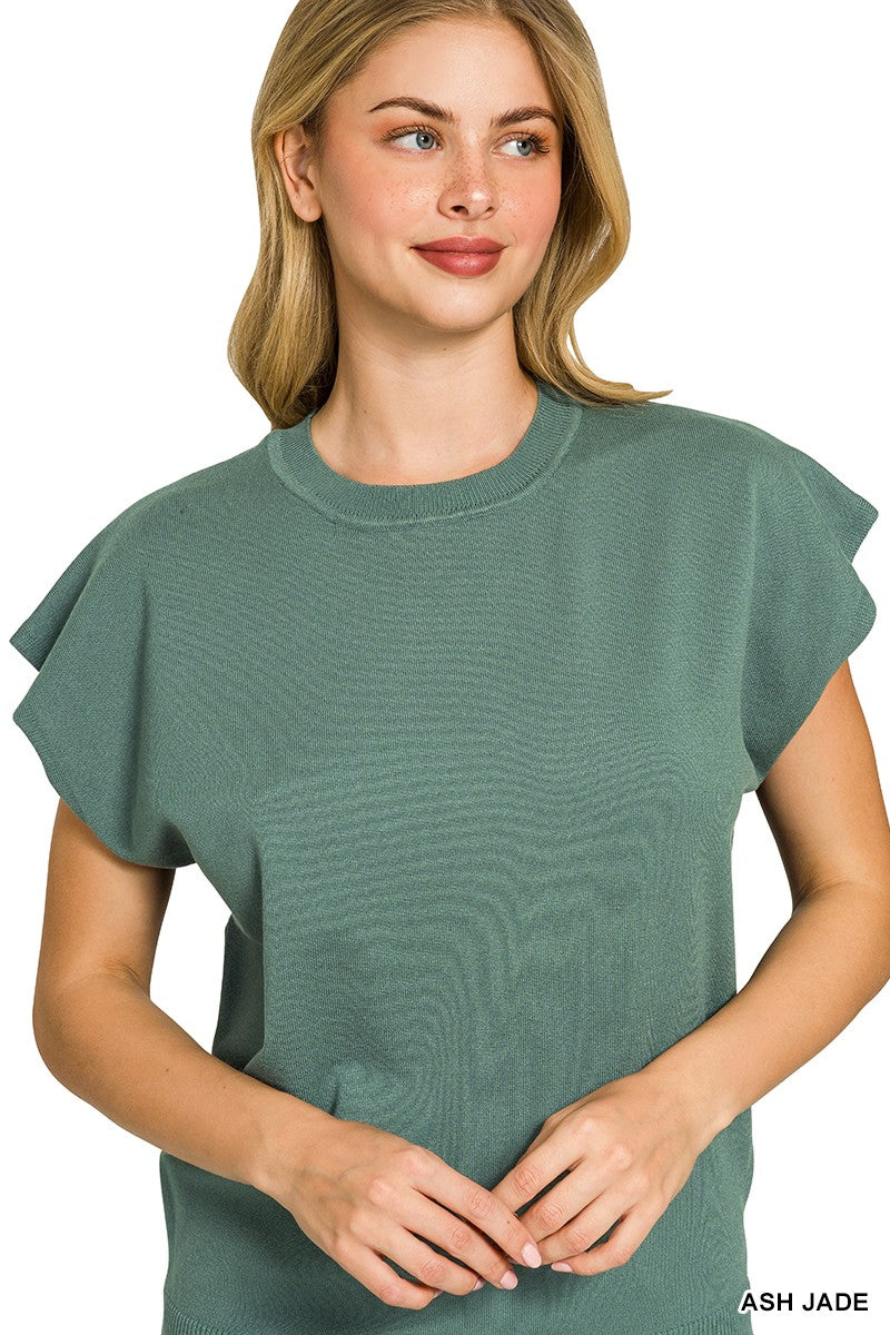Zenana Viscose Ash Jade Round-neck Short Sleeve Sweater