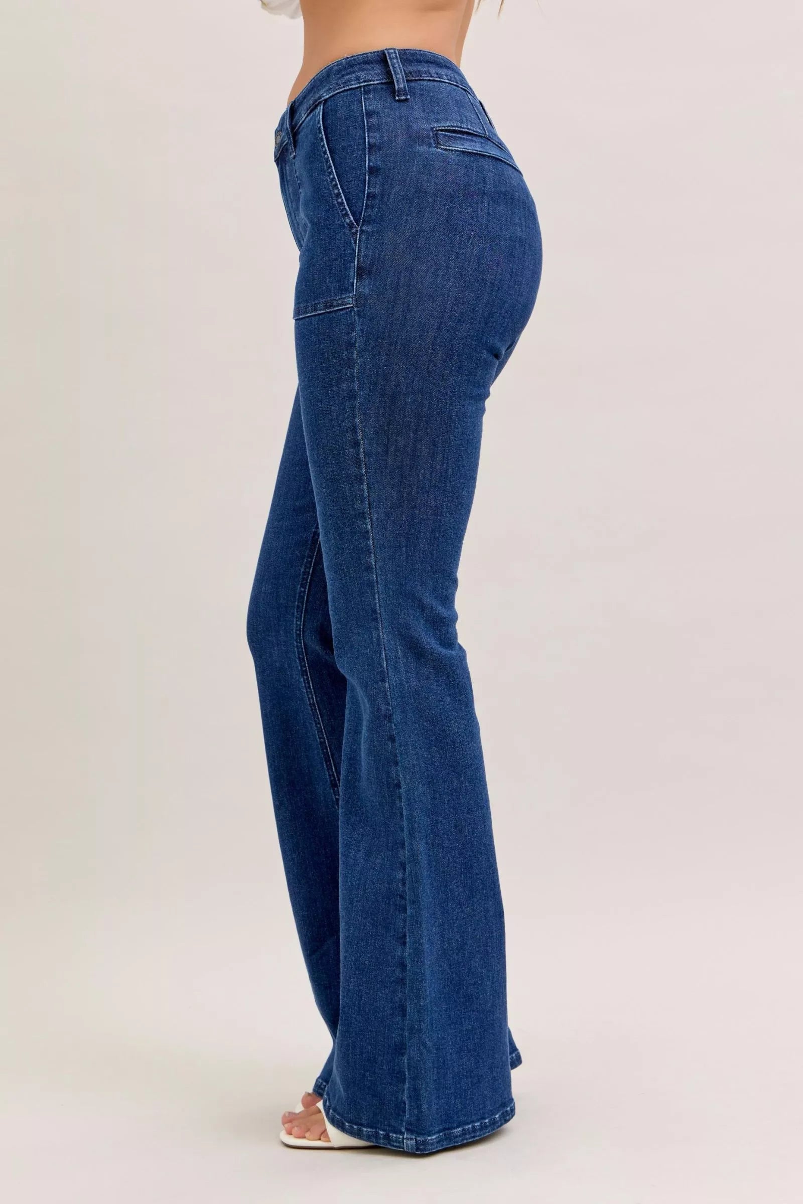 Judy Blue Dark Washed High Waist Flare Jeans with Front Patch Pockets