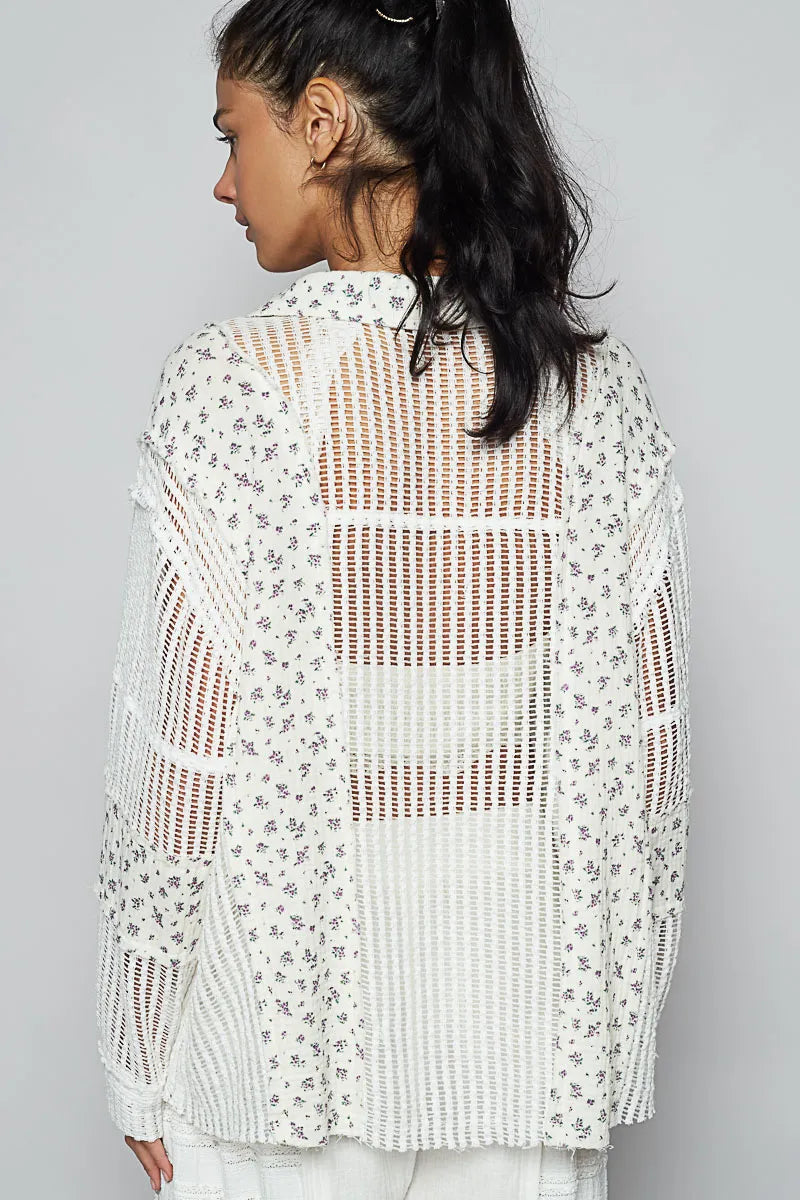 POL White Floral Crochet Patchwork Long Sleeve Shirt