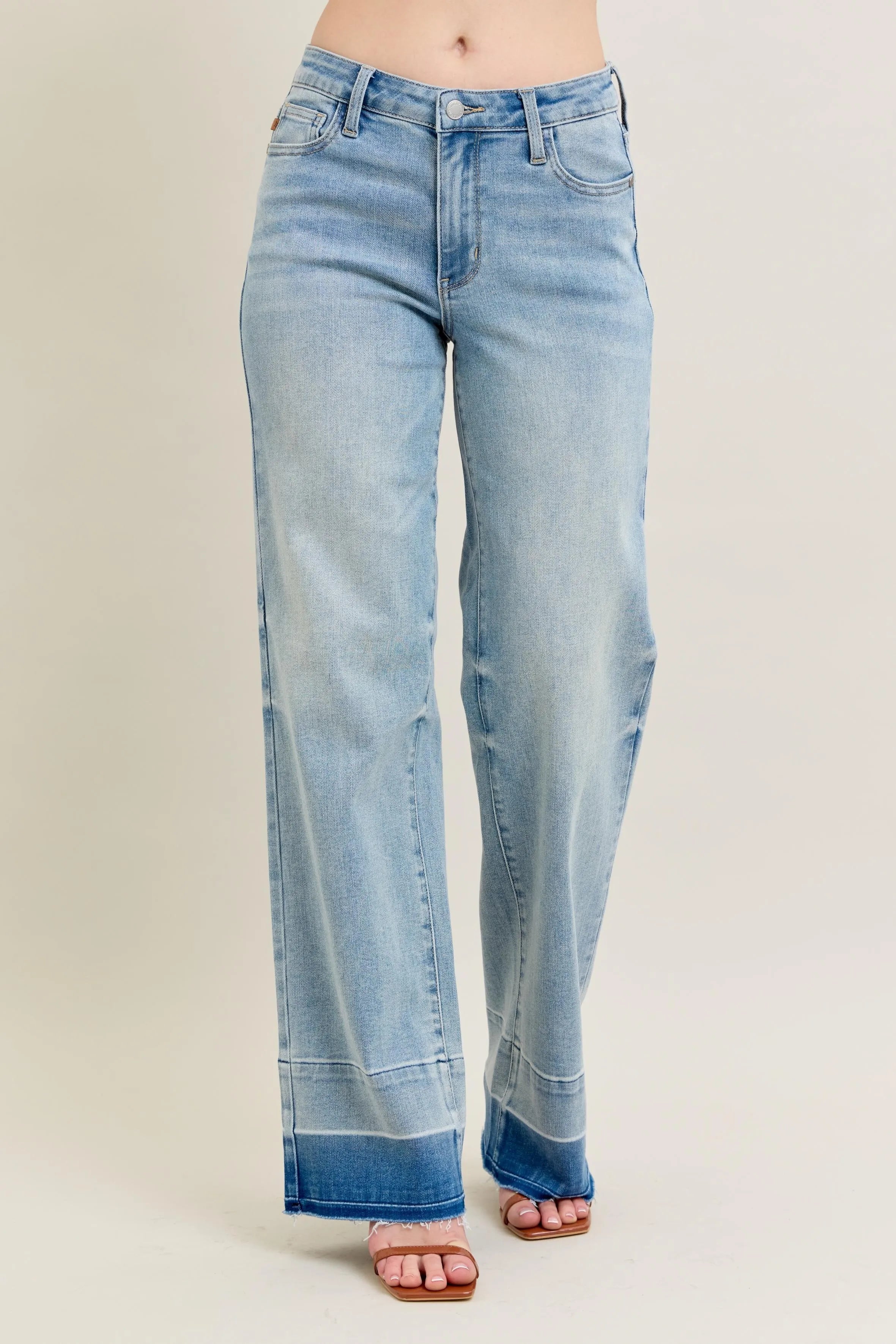 Judy Blue Light Washed Mid-rise Release Hem Wide Leg Jeans