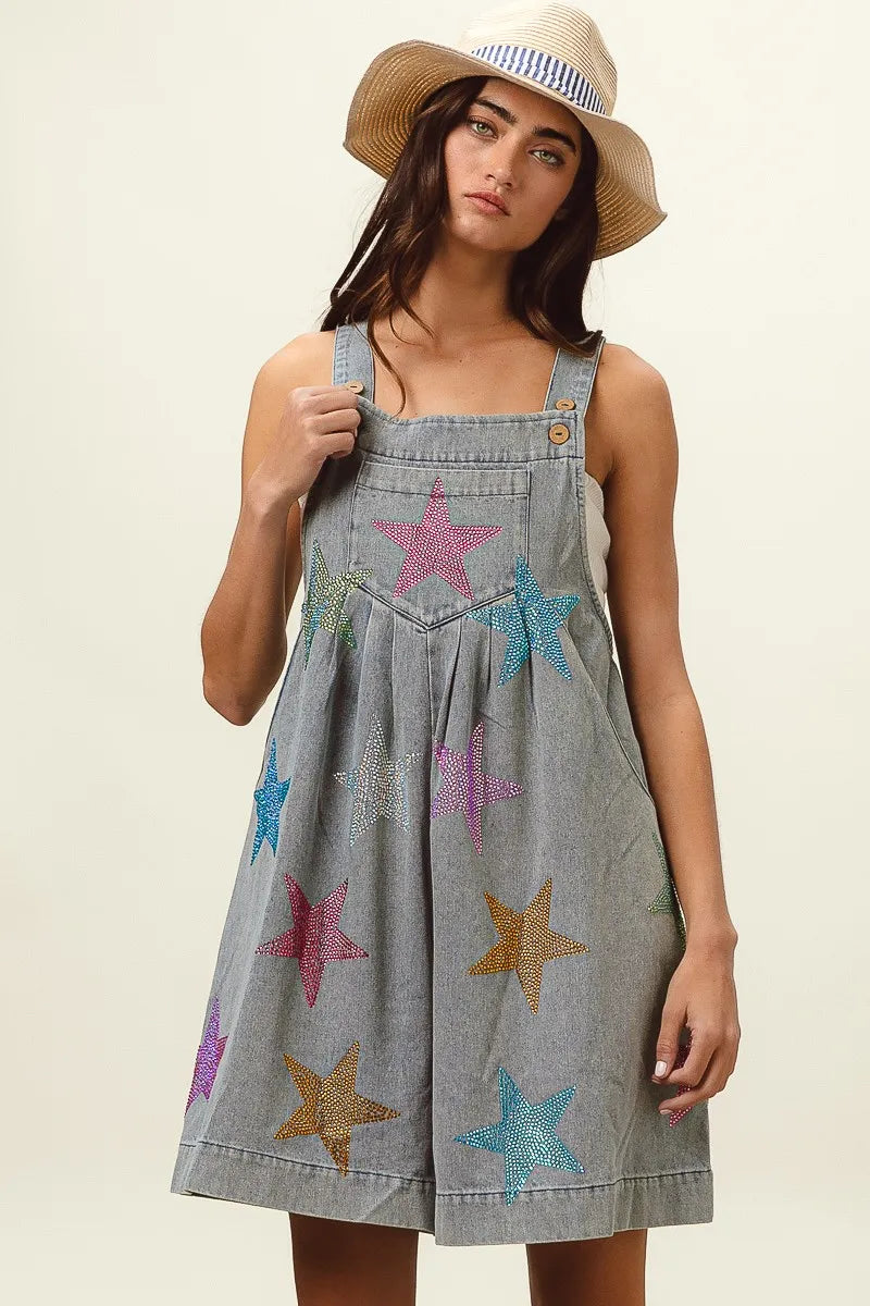 BiBi Star Rhinestone Washed Wide Leg Shortalls