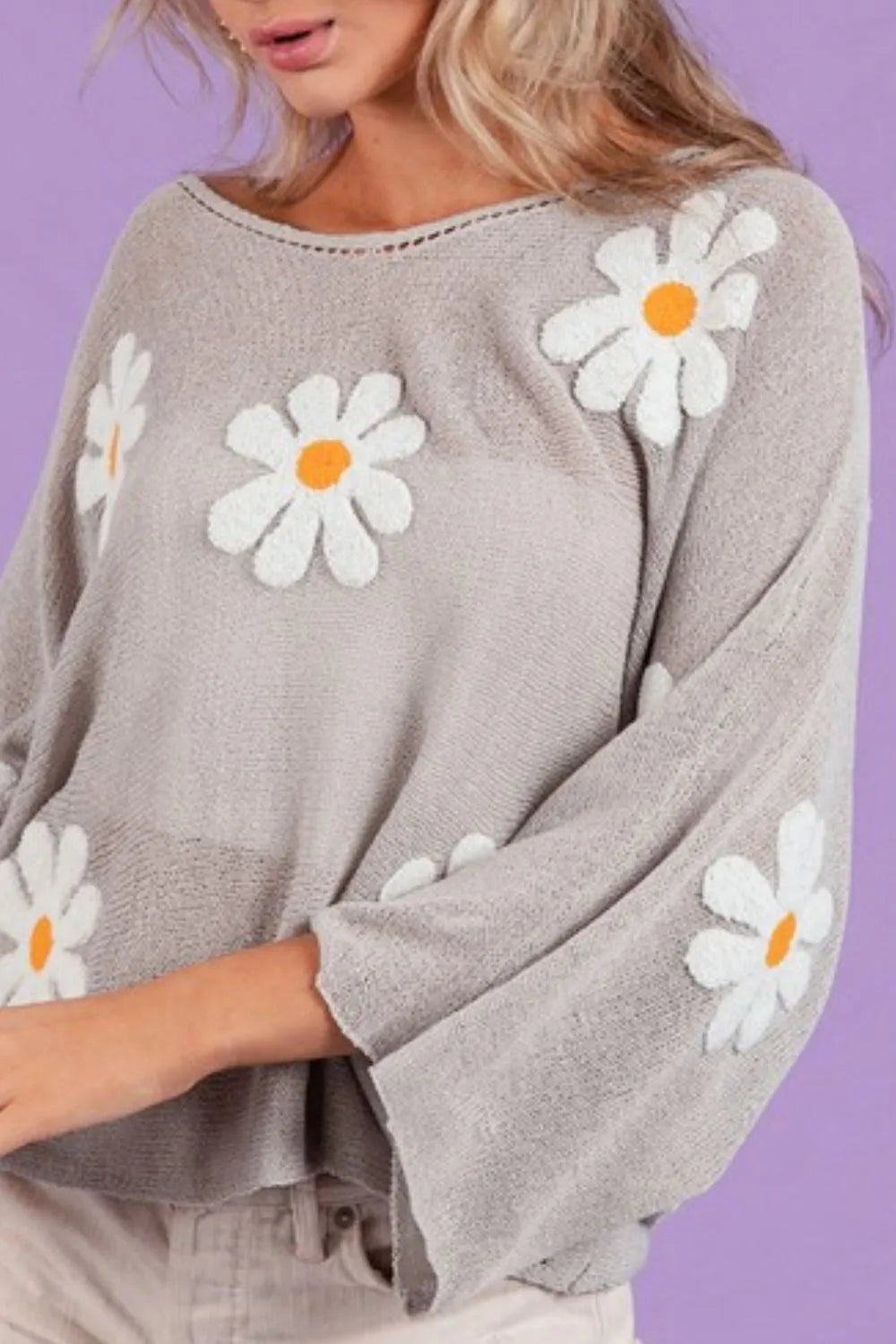 BiBi Grey Flower Embroidery Loose Fit Knit Top