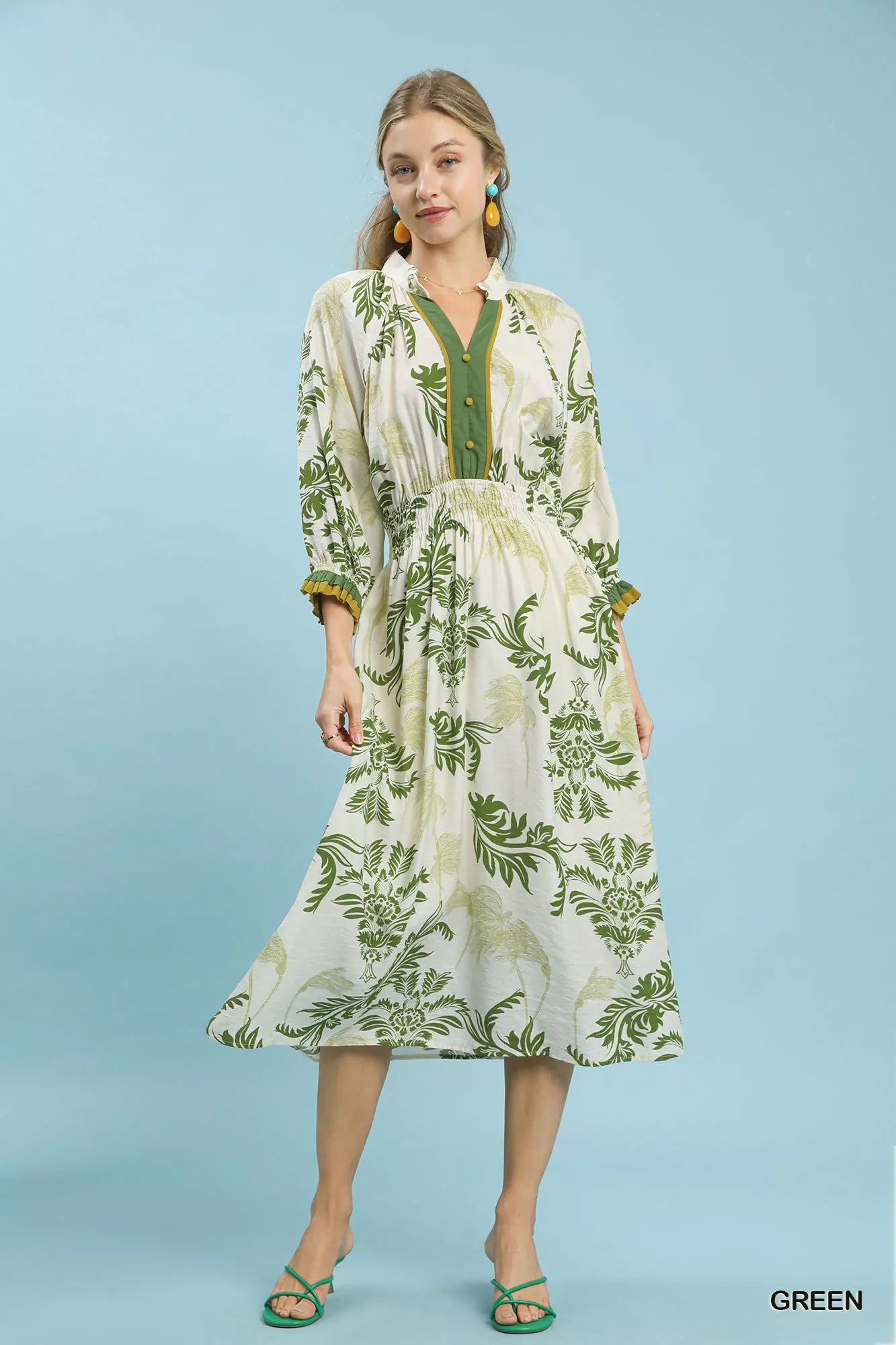 Umgee Green Tropical Print Button Detail Midi Dress