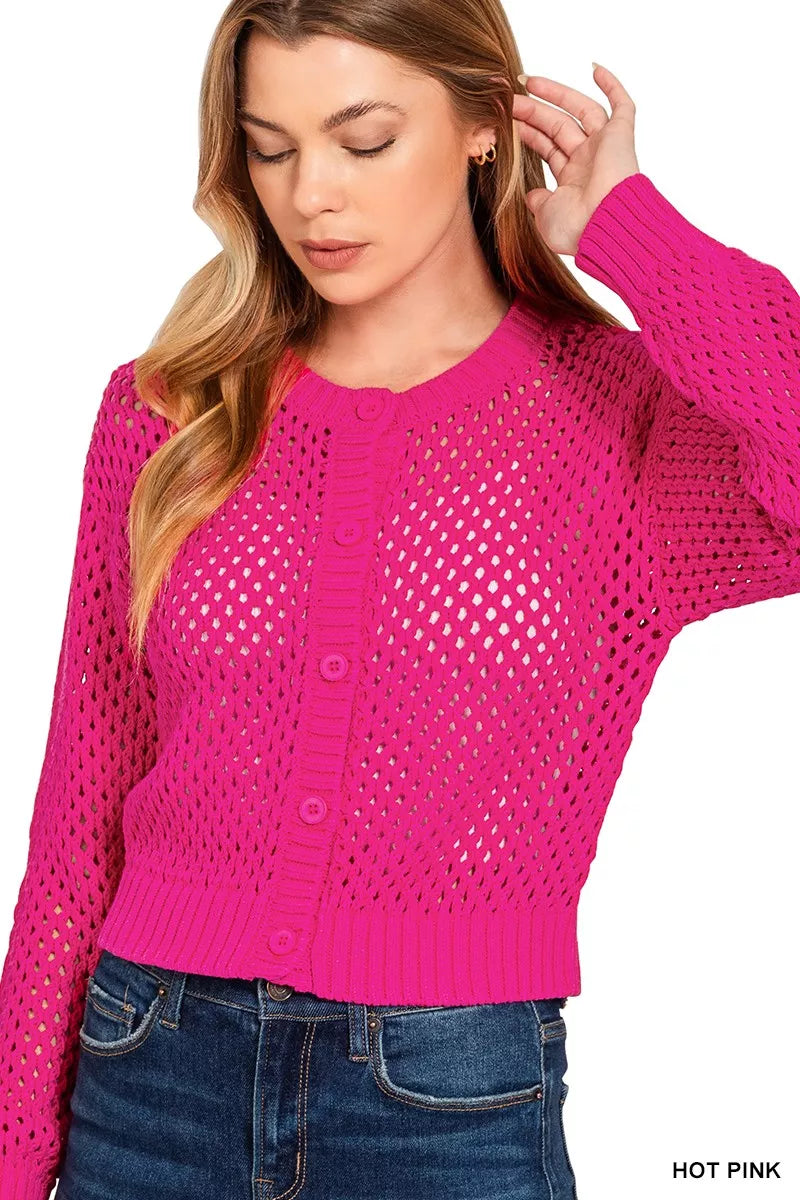 Zenana Hot Pink Button Down Lightweight Crochet Cardigan Sweater
