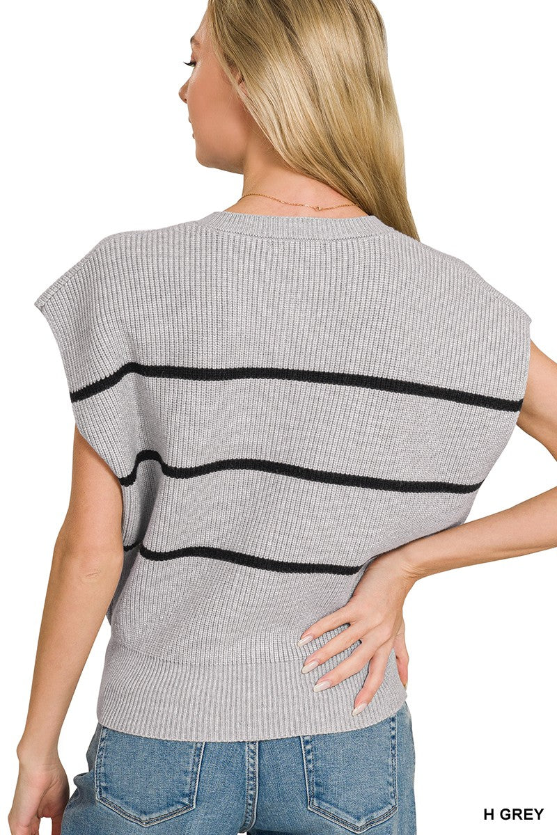 Zenana Heather Grey Striped Viscose Sweater Vest