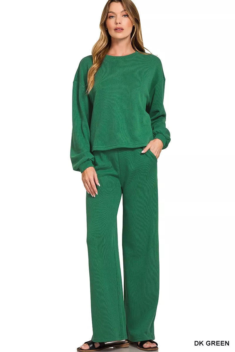 Zenana Dark Green French Rib Pullover and Pants Set DK GREEN