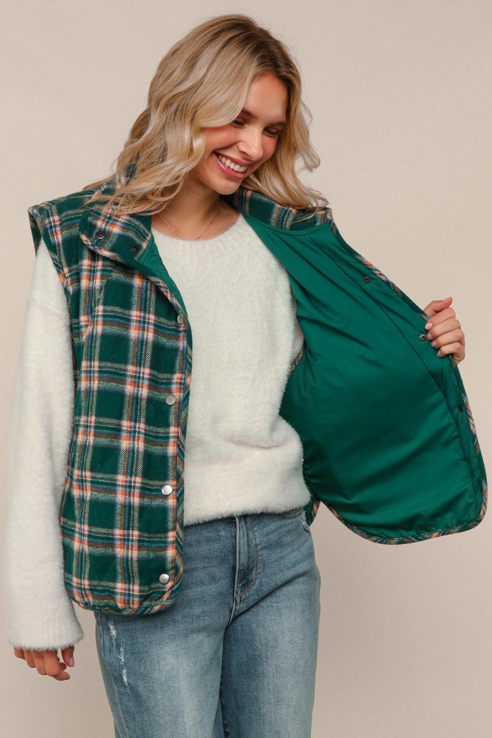 Haptics Green Snap Button Down Plaid Quilted Puffer Vest Large
