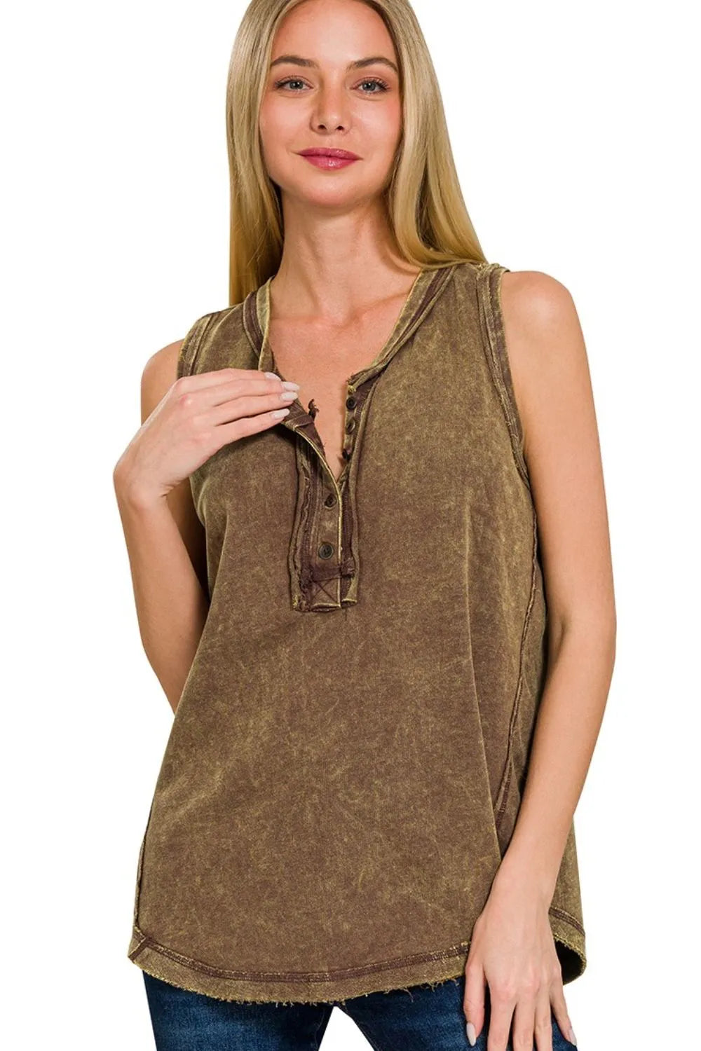 Zenana Mahogany Washed Half-Button Raw Edge Sleeveless Henley Top MAHOGANY