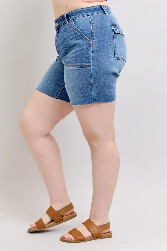 Judy Blue Mid Rise Bermudas Denim Shorts W/ Back Flap Pockets