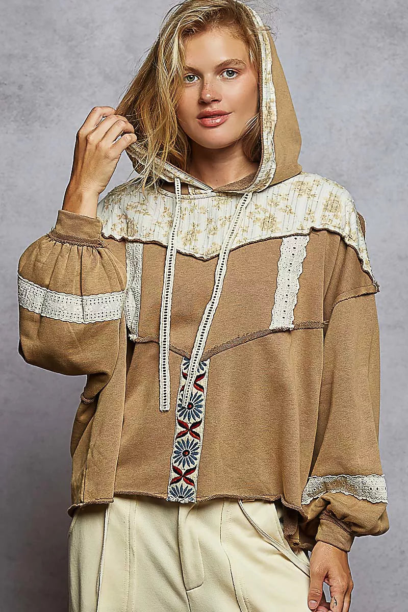 POL Cocoa Drawstring French Terry Hoodie with Gauze Print Patch