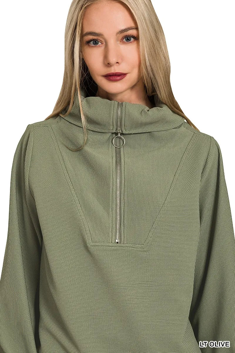 Zenana Light Olive Ribbed High Neck Half Zip Pullover & Pants Set