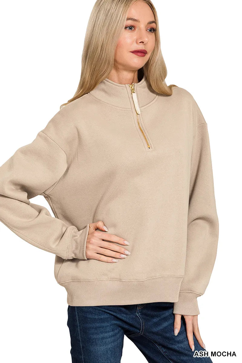 Zenana Ash Mocha Fleece Half Zip Sweatshirt