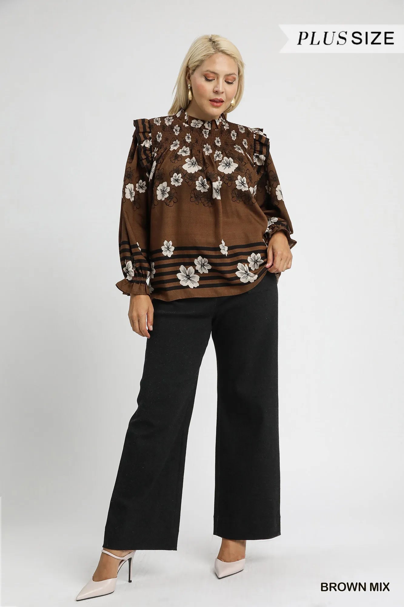 Umgee Brown Mix Floral Smocked Ruffle Blouse