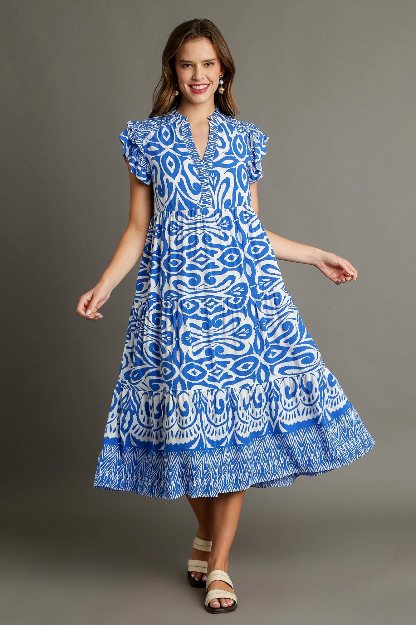 Umgee Blue Two Tone Border Print Ruffle Cap Sleeve Midi Dress
