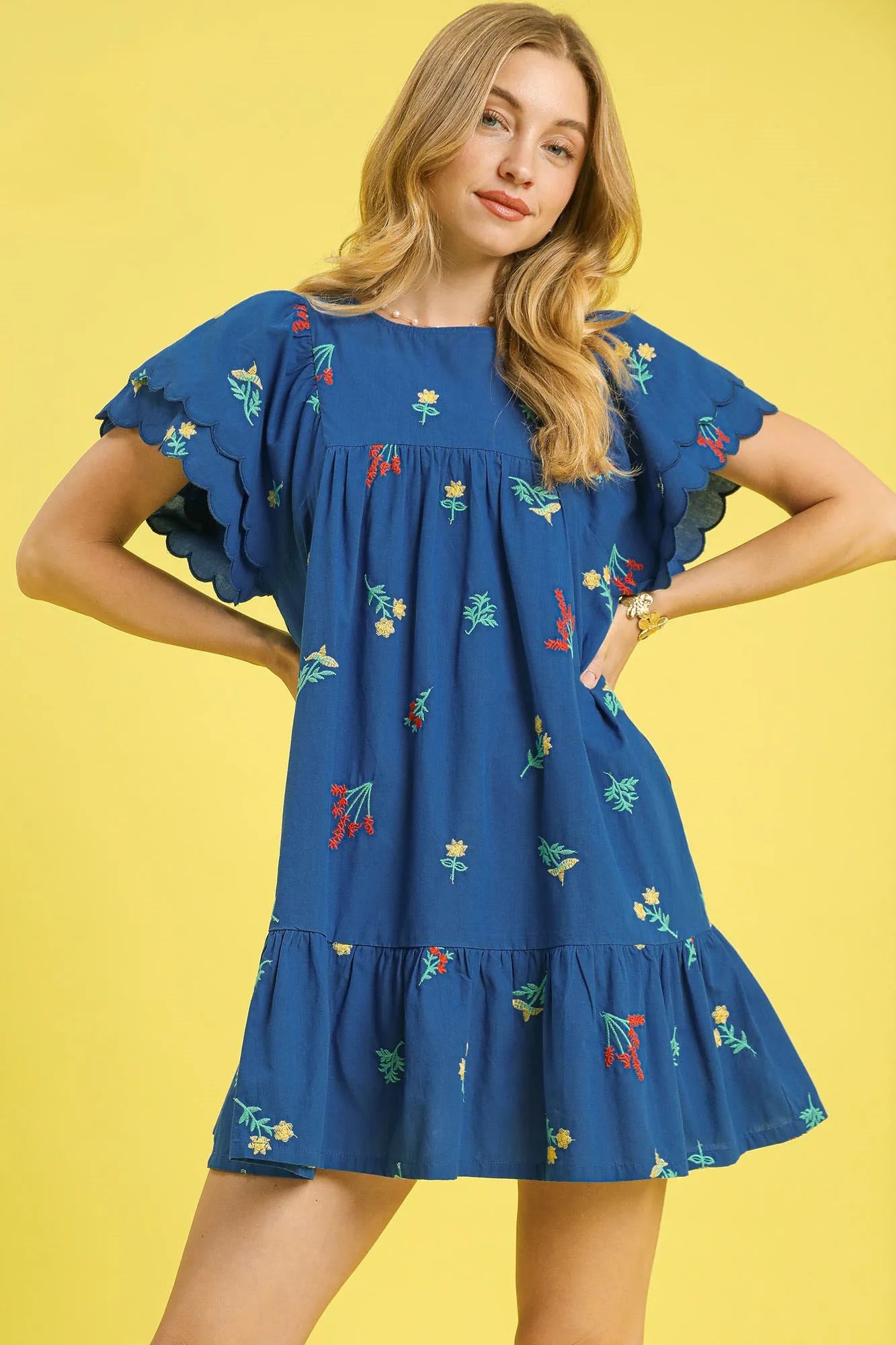 Umgee Floral Embroidered Short Flutter Sleeve Mini Dress Dark Blue