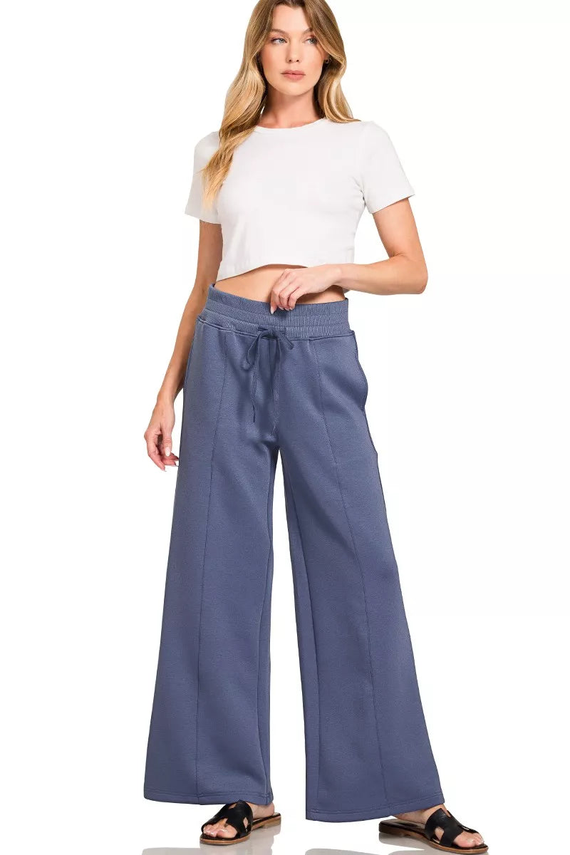 Zenana Blue Indigo Scuba Collared Pullover and Pants Set