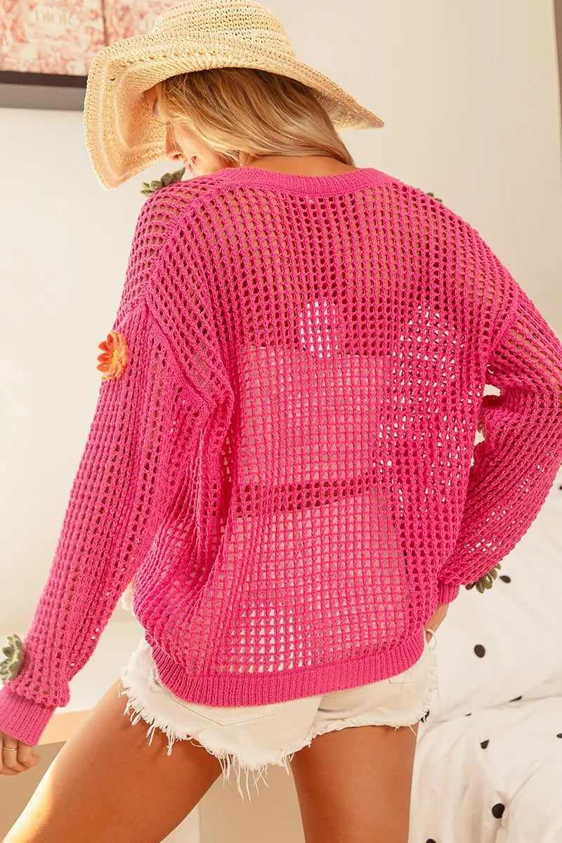 BiBi Fuchsia Flower Patches Open Knit Sweater Cardigan
