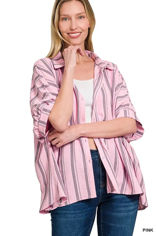 Zenana Pink Woven Yarn-Dye Stripe Oversized Button Down Shirt