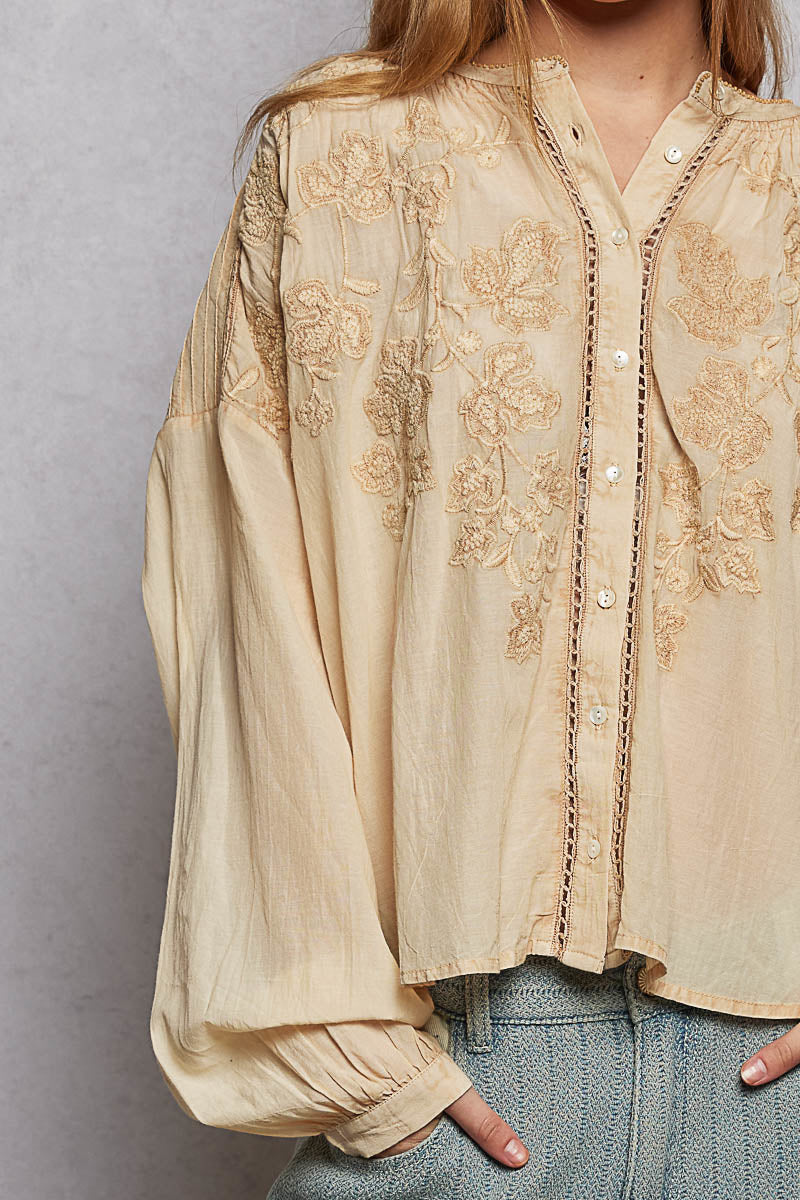 POL Almond Embroidery Button Down Long Sleeve Bohemian Washed Shirt