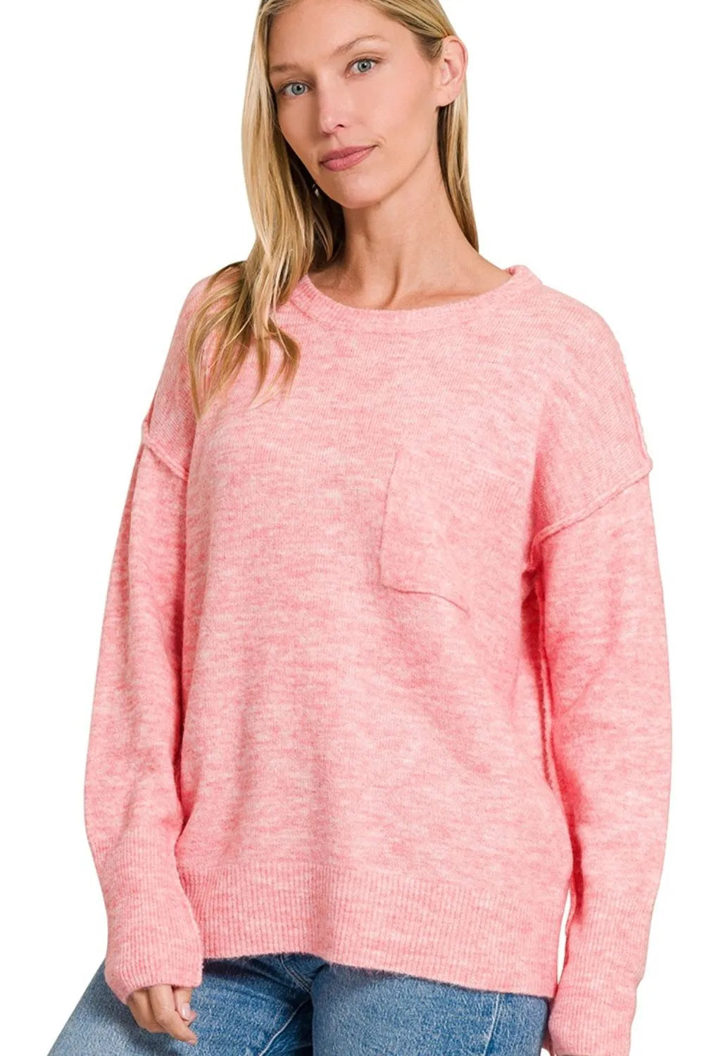 Zenana Heather Dark Pink Melange Hi-low Hem Round Neck Sweater with Front Pocket H DK PINK
