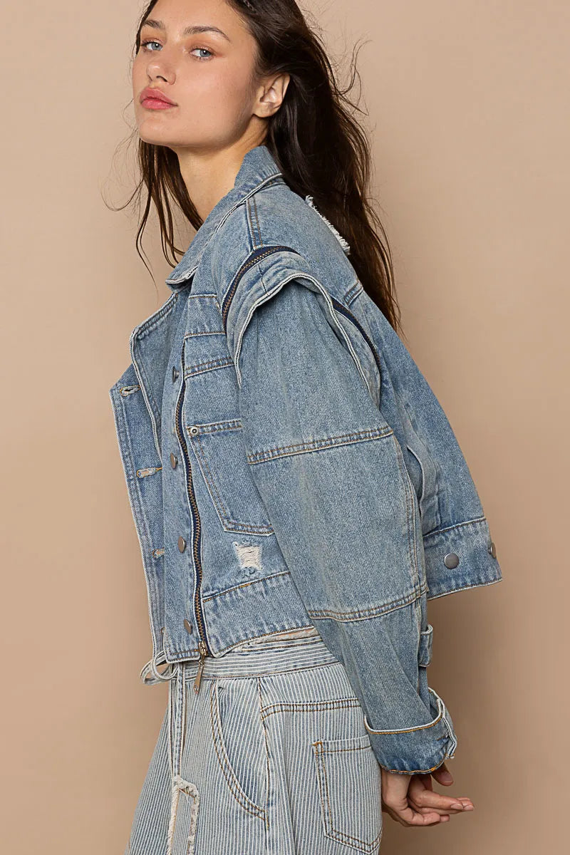 POL Dusty Blue Cropped Denim Jacket with Functional Zipper Detail
