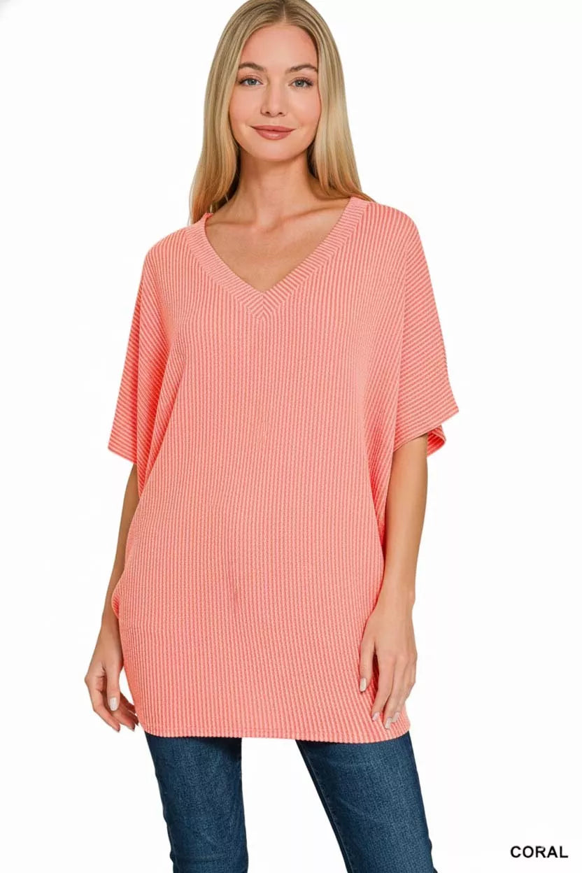 Zenana Coral Raised Rib V-Neck Batwing Top