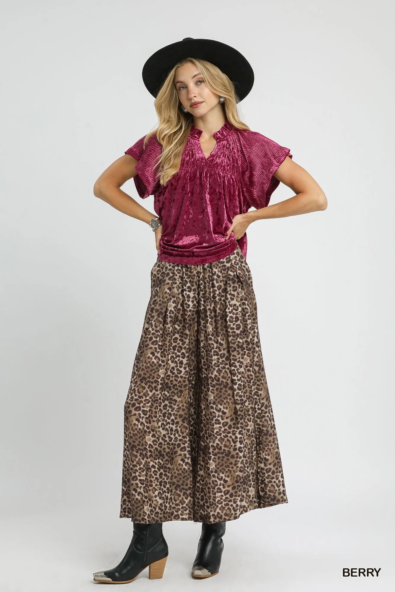 Umgee Berry Crushed Velvet Pleated Blouse