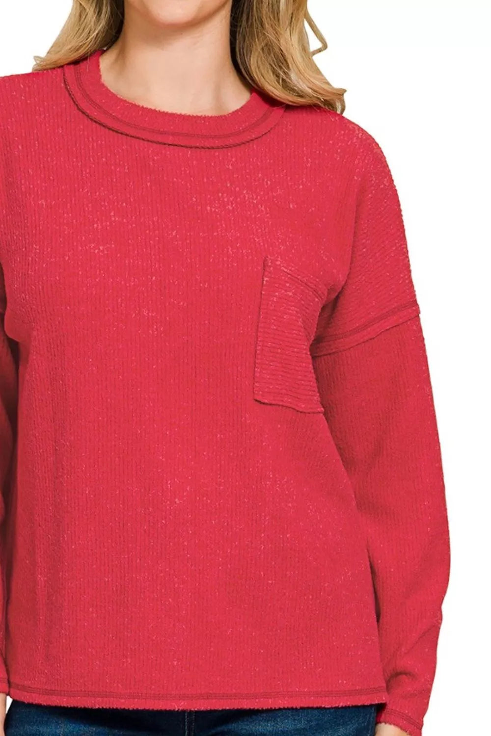 Zenana Dark Red Ribbed Brushed Melange Hacci Sweater with Chest Pocket