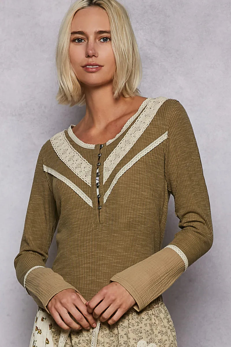 POL Olive Ribbed Half Button Lace Detail Knit Top