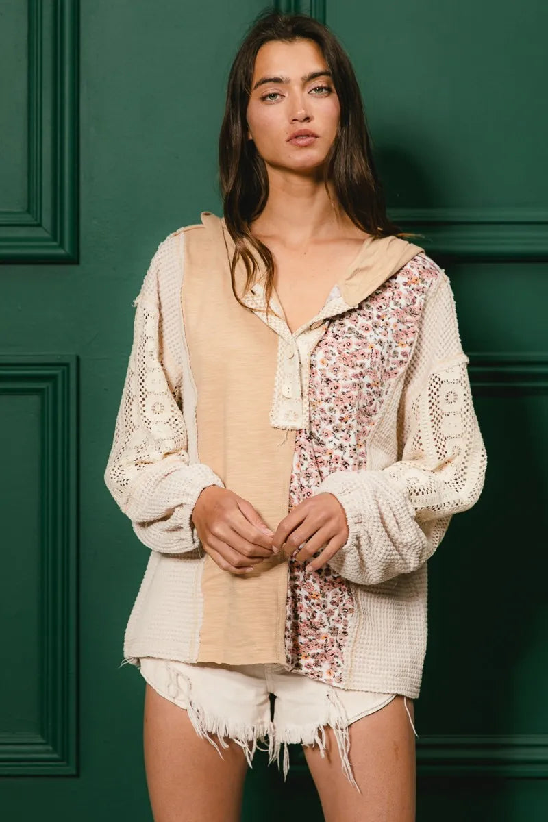 BiBi Taupe Slub Jersey with Lace Combo Buttoned Hoodie Top
