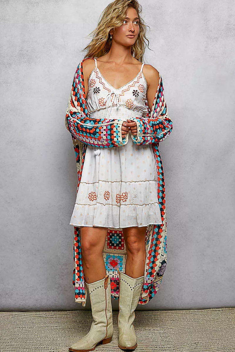 POL Multi-Color Granny Square Crochet Open Front Cardigan