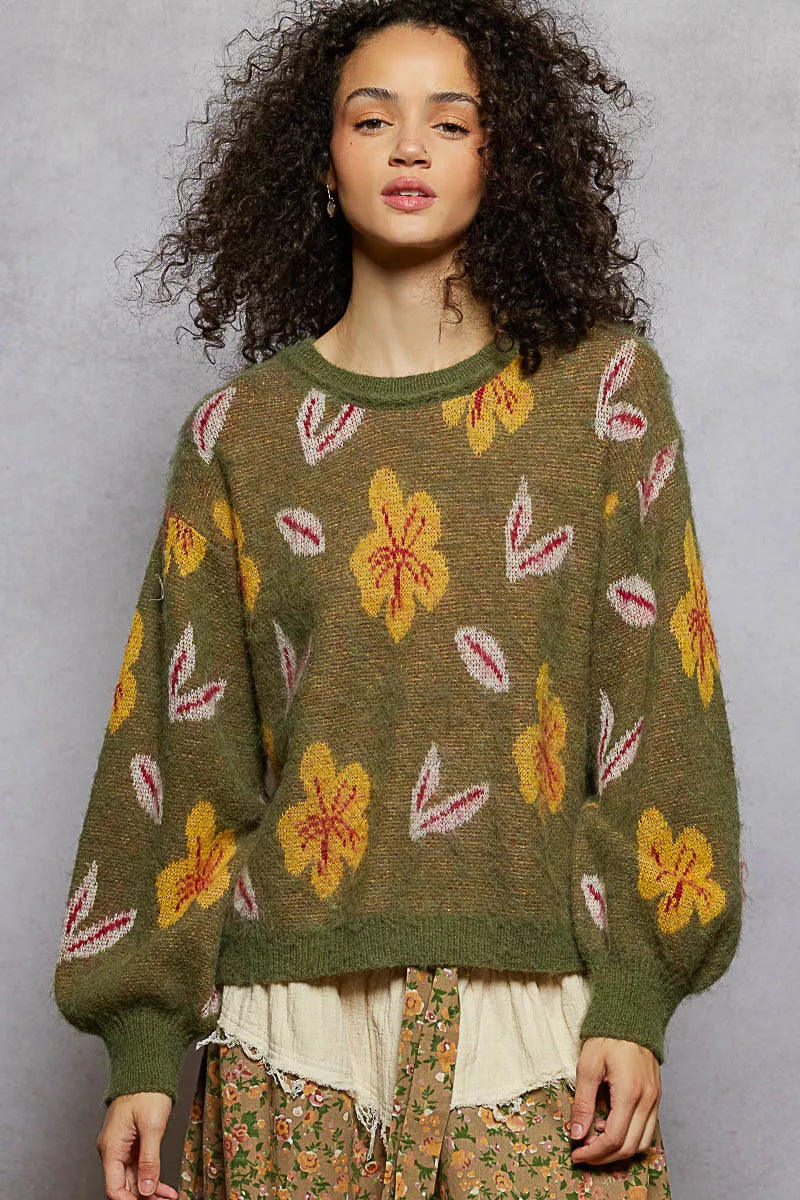 POL Olive Floral Pattern Round Neck Balloon Sleeve Sweater OLIVE