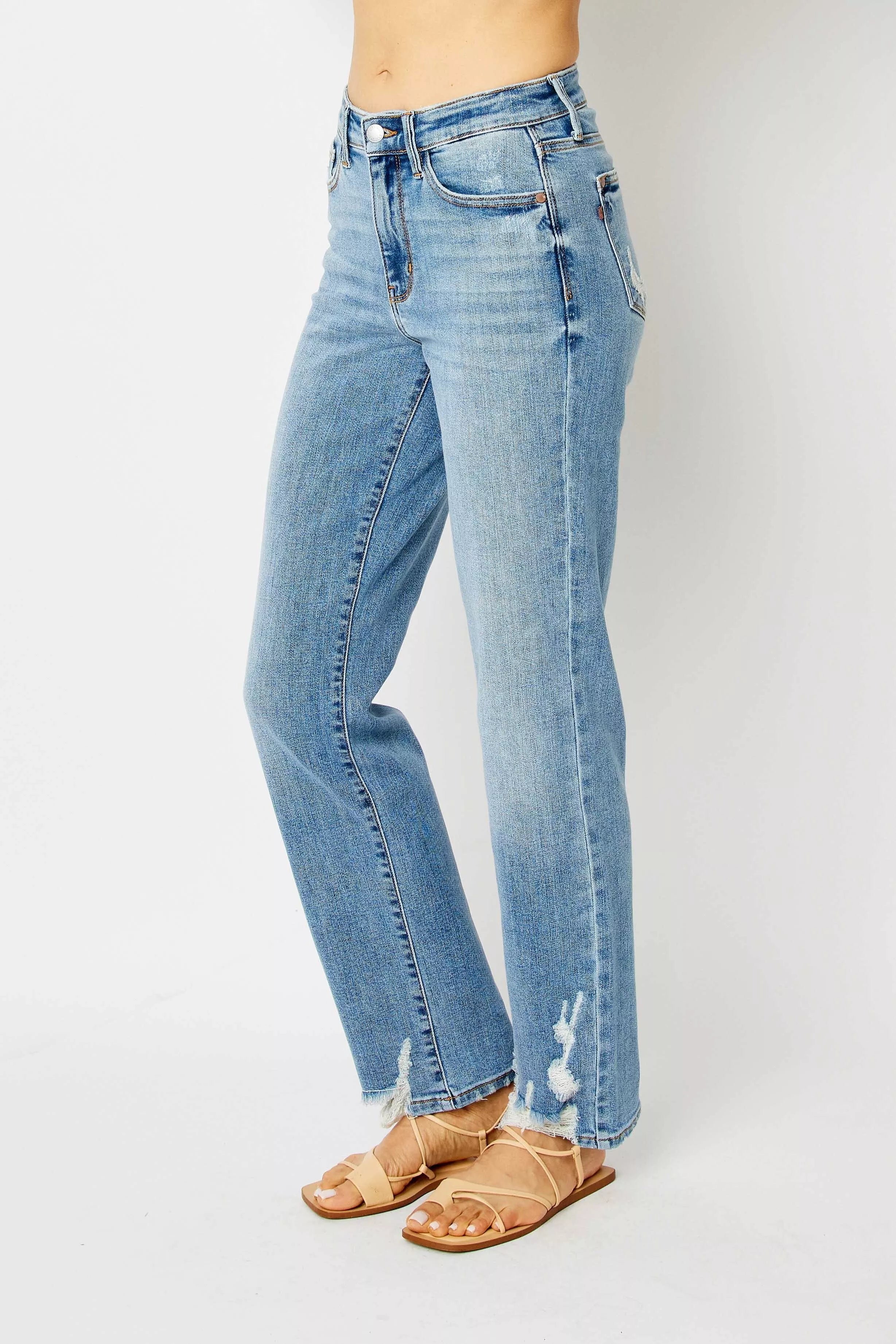 Judy Blue Medium Washed High Waist Straight Jeans with Heavy Destroy Hem