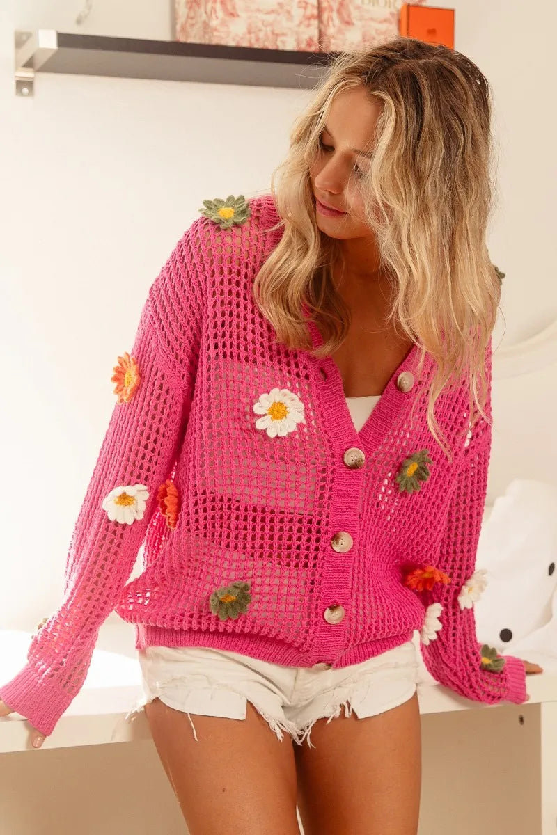 BiBi Fuchsia Flower Patches Open Knit Sweater Cardigan