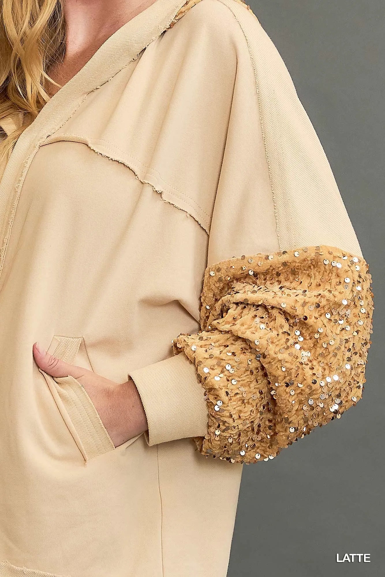 Umgee Latte Sequined French Terry Jacket