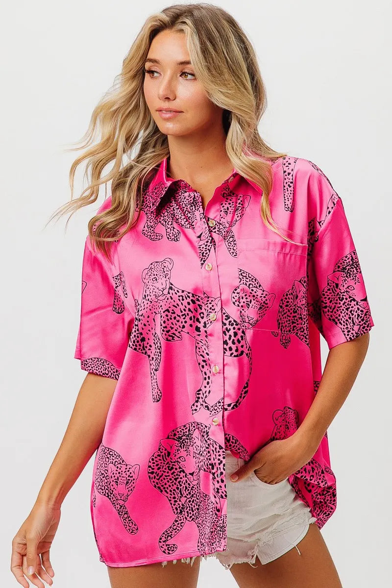 BiBi Fuchsia Leopard Print Short Sleeve Silky Satin Shirt Blouse FUCHSIA