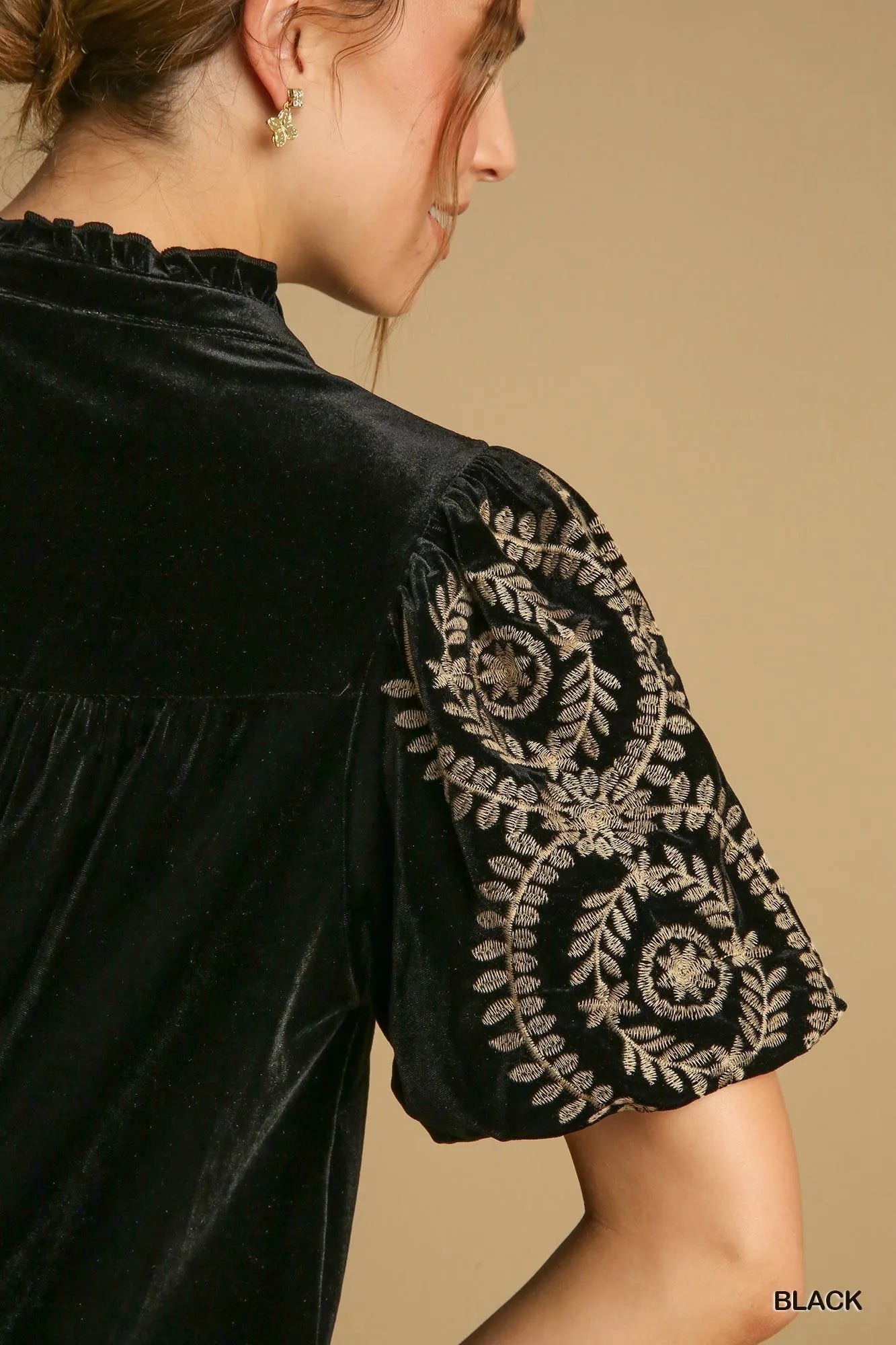 Umgee Black Velvet Embroidered Sleeve Blouse Plus Size