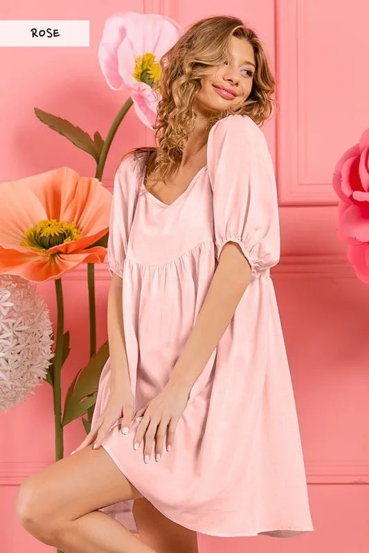 BiBi Washed Linen Tiered Midi Dress with Puff Sleeves ROSE
