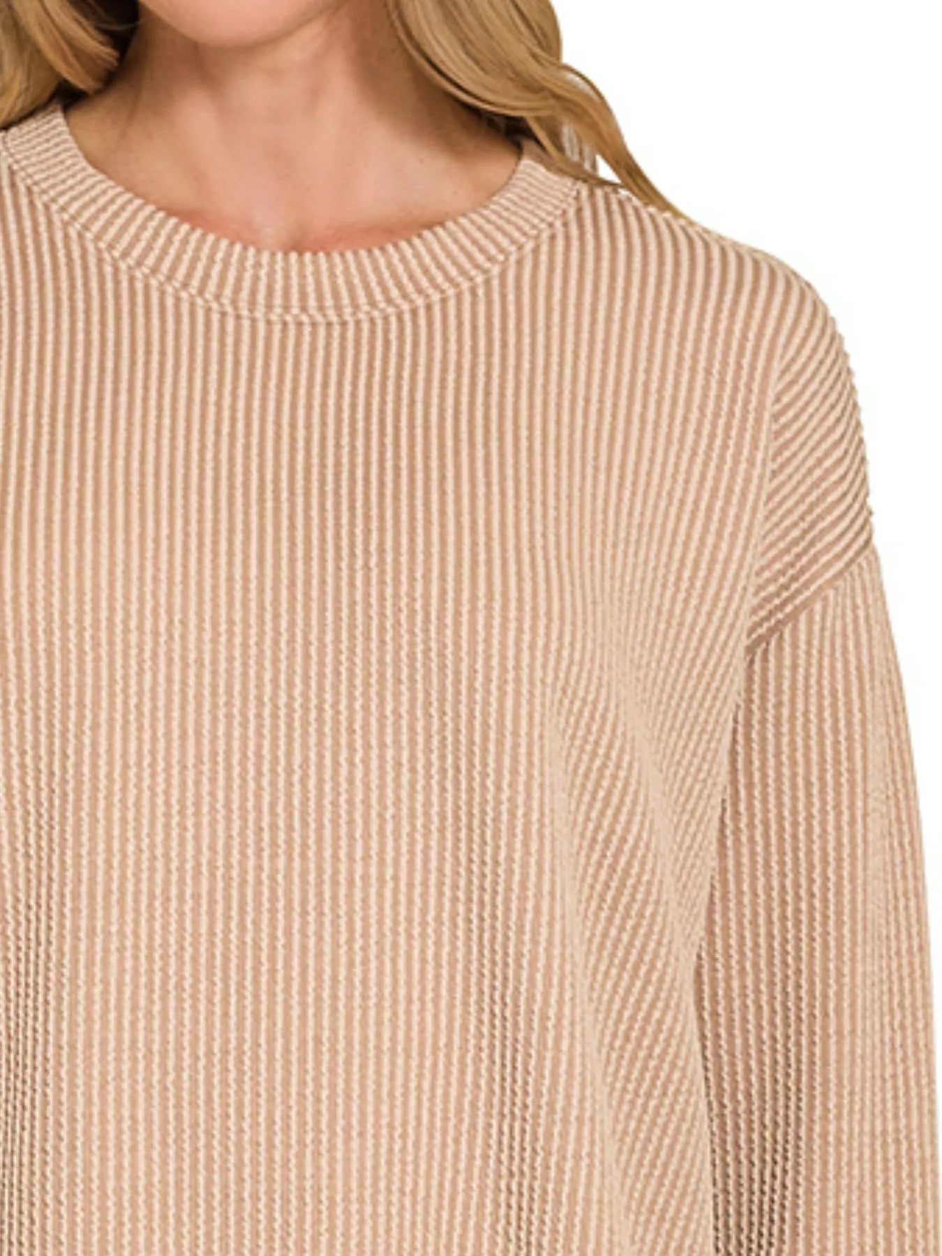 Zenana Light Mocha Corded Rib Long Sleeve Tee and Shorts Set