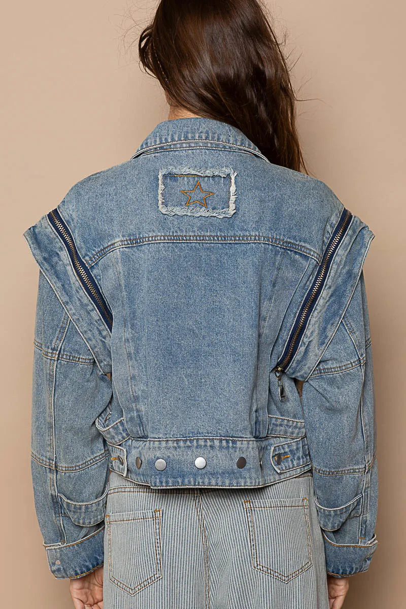 POL Dusty Blue Cropped Denim Jacket with Functional Zipper Detail