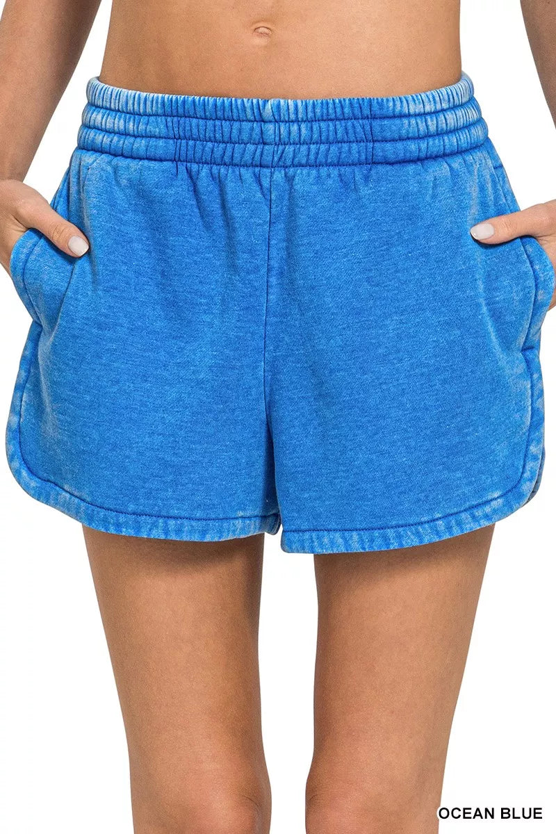 Zenana Ocean Blue Acid Washed Elastic Waistband Dolphin Shorts